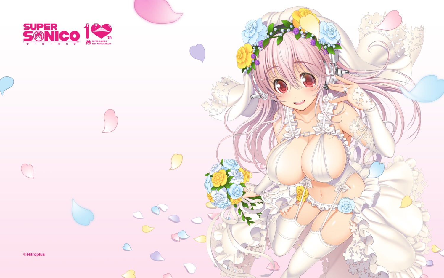 dress headphones lingerie nitroplus sonico stockings super_sonico thighhighs wallpaper wedding_dress