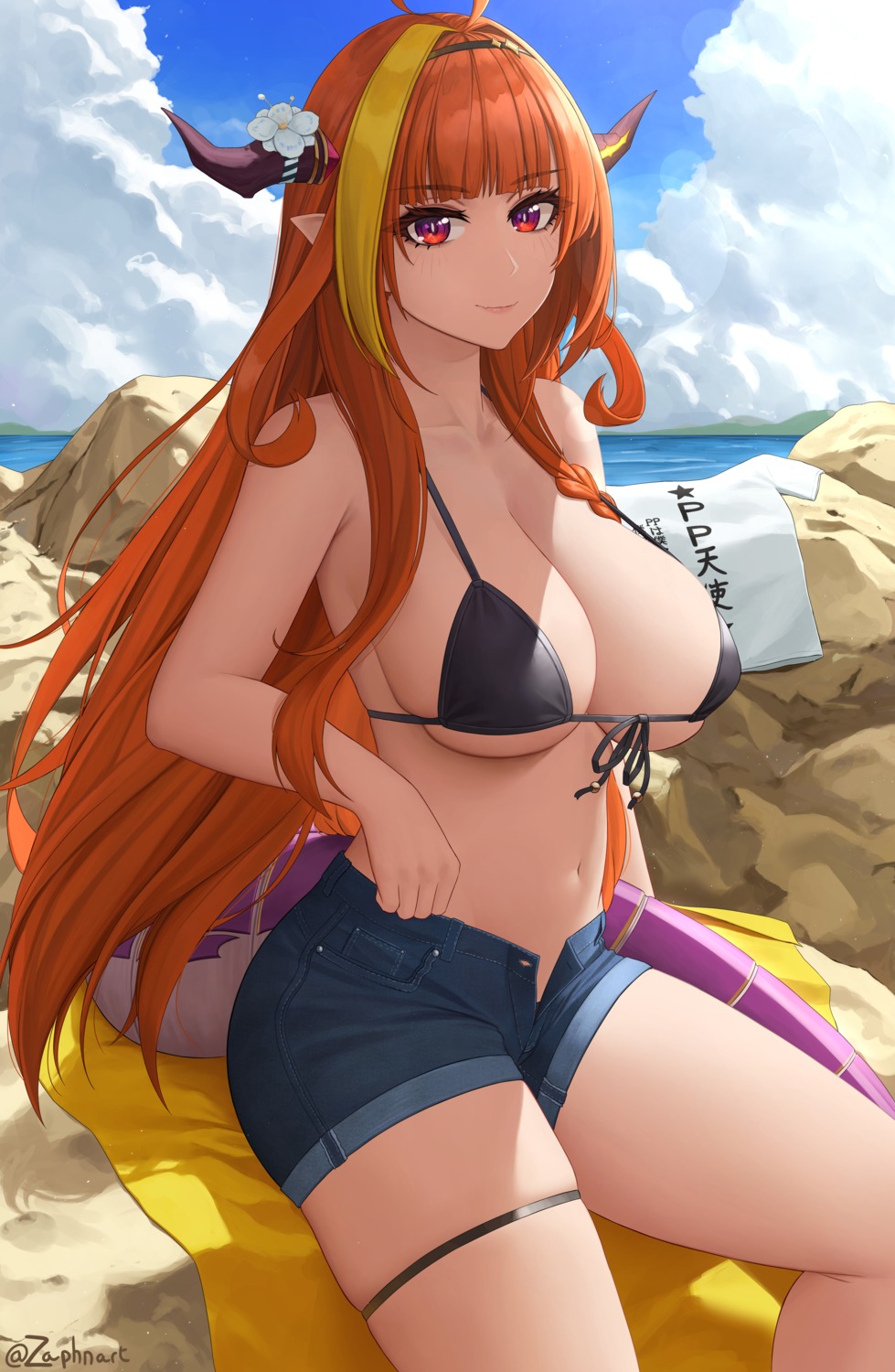 bikini_top garter hololive horns kiryuu_coco nipples pointy_ears swimsuits tail zaphn