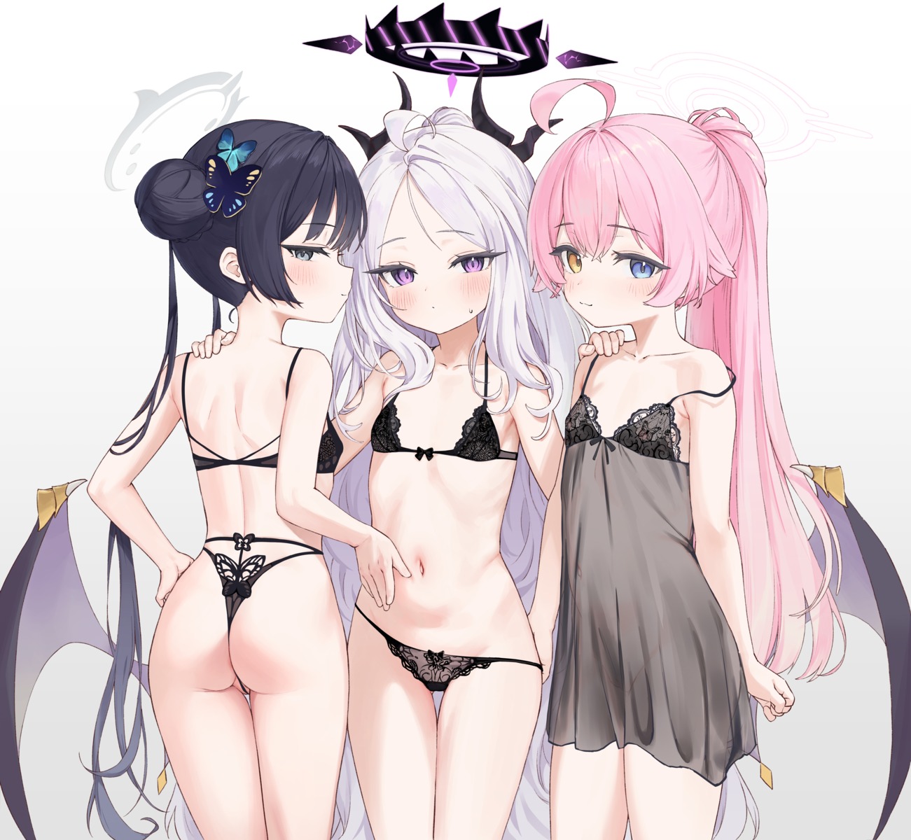 aak ass blue_archive bra devil halo heterochromia horns lingerie loli nopan pantsu panty_pull ryuuge_kisaki see_through sorasaki_hina takanashi_hoshino thong wings