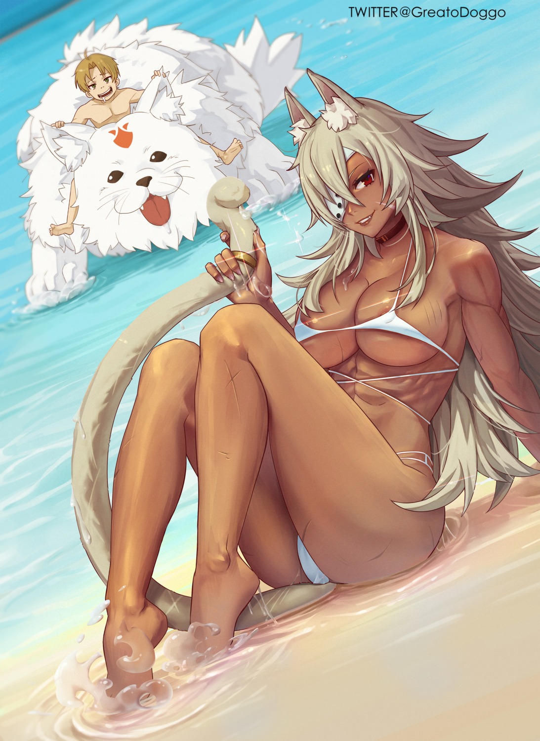 animal_ears areola bikini cameltoe eyepatch feet ghislaine_dedoldia greatodoggo mushoku_tensei nipple_slip rudeus_greyrat swimsuits tail thong wet