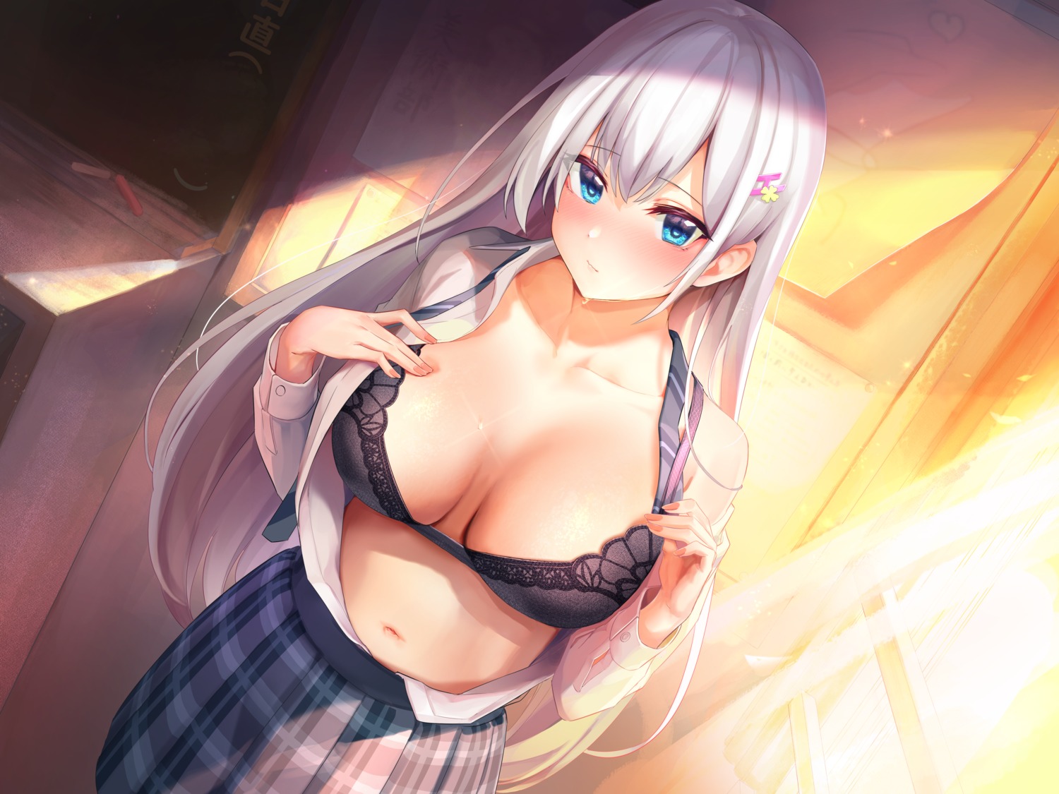 bra breast_hold cleavage maeshimashi open_shirt seifuku