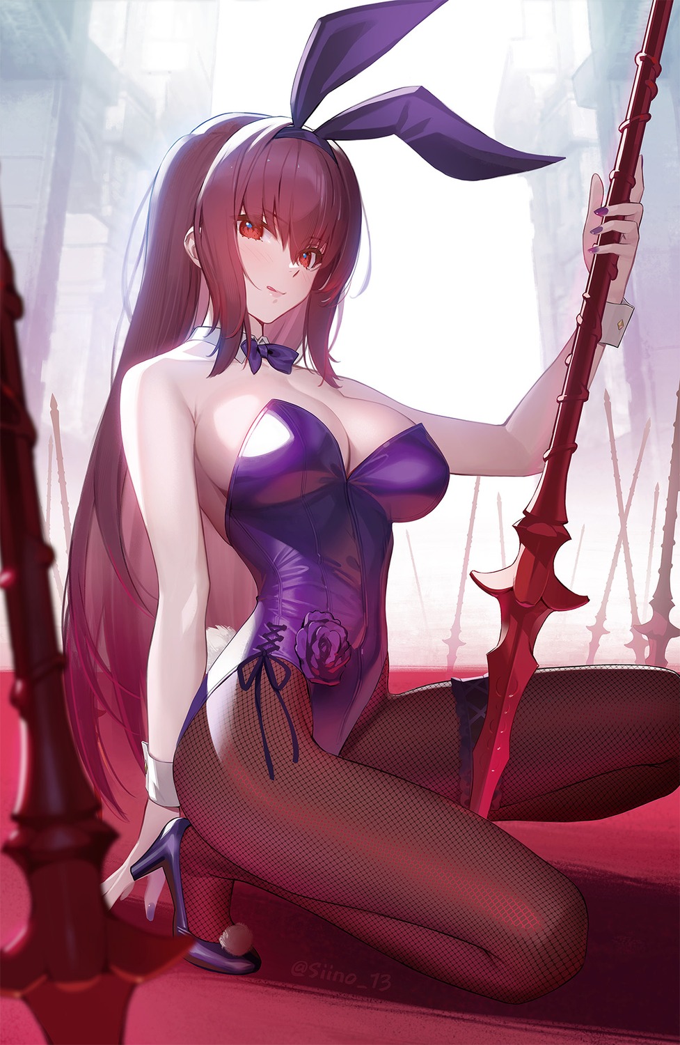 animal_ears bunny_ears bunny_girl fate/grand_order fishnets garter heels no_bra pantyhose scathach_(fate/grand_order) siino tail weapon