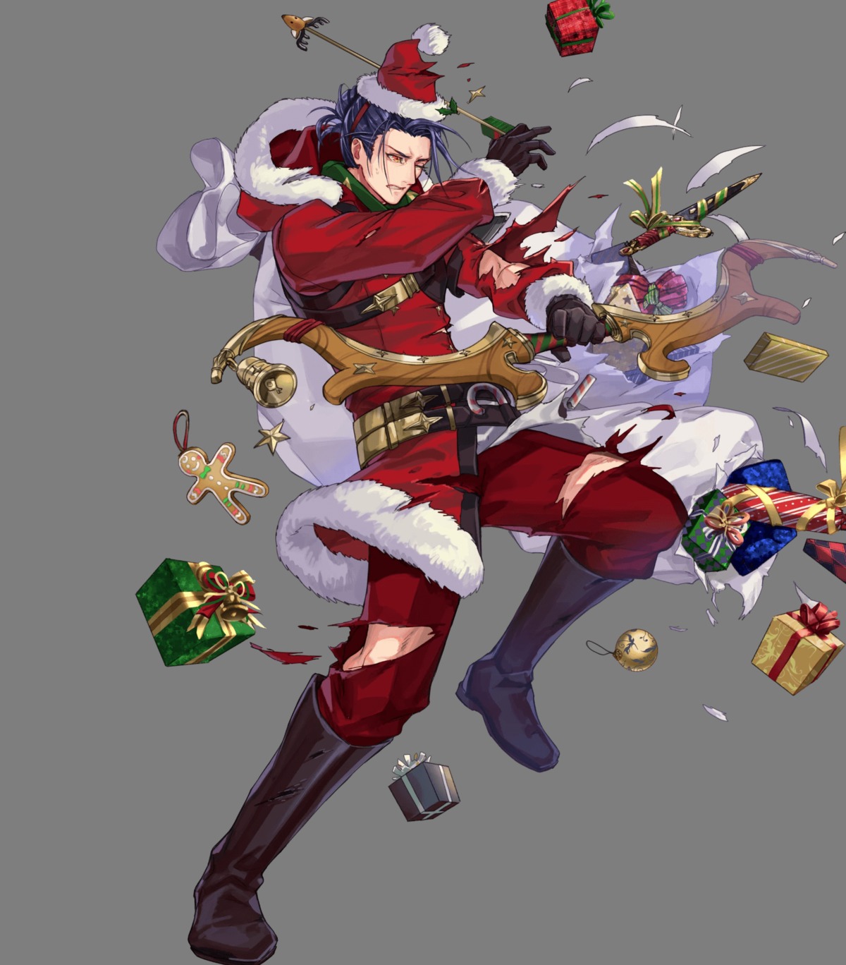 christmas cloverk felix_(fire_emblem) fire_emblem fire_emblem_heroes fire_emblem_three_houses nintendo torn_clothes weapon