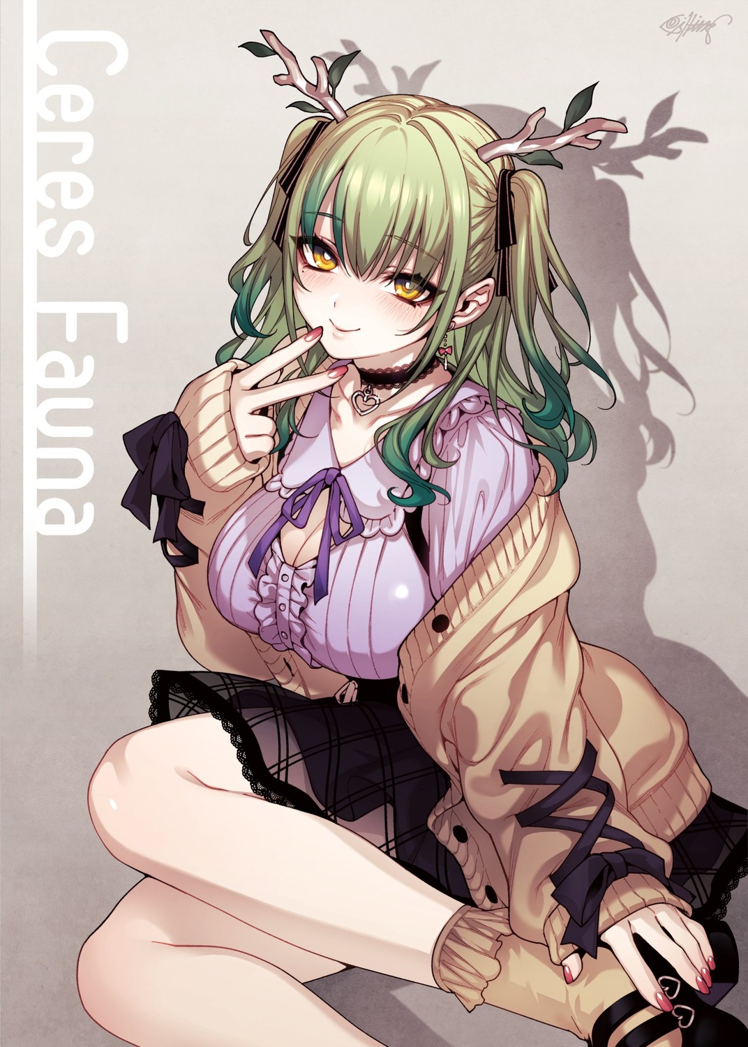 ceres_fauna cleavage fishine hololive hololive_english horns see_through sweater