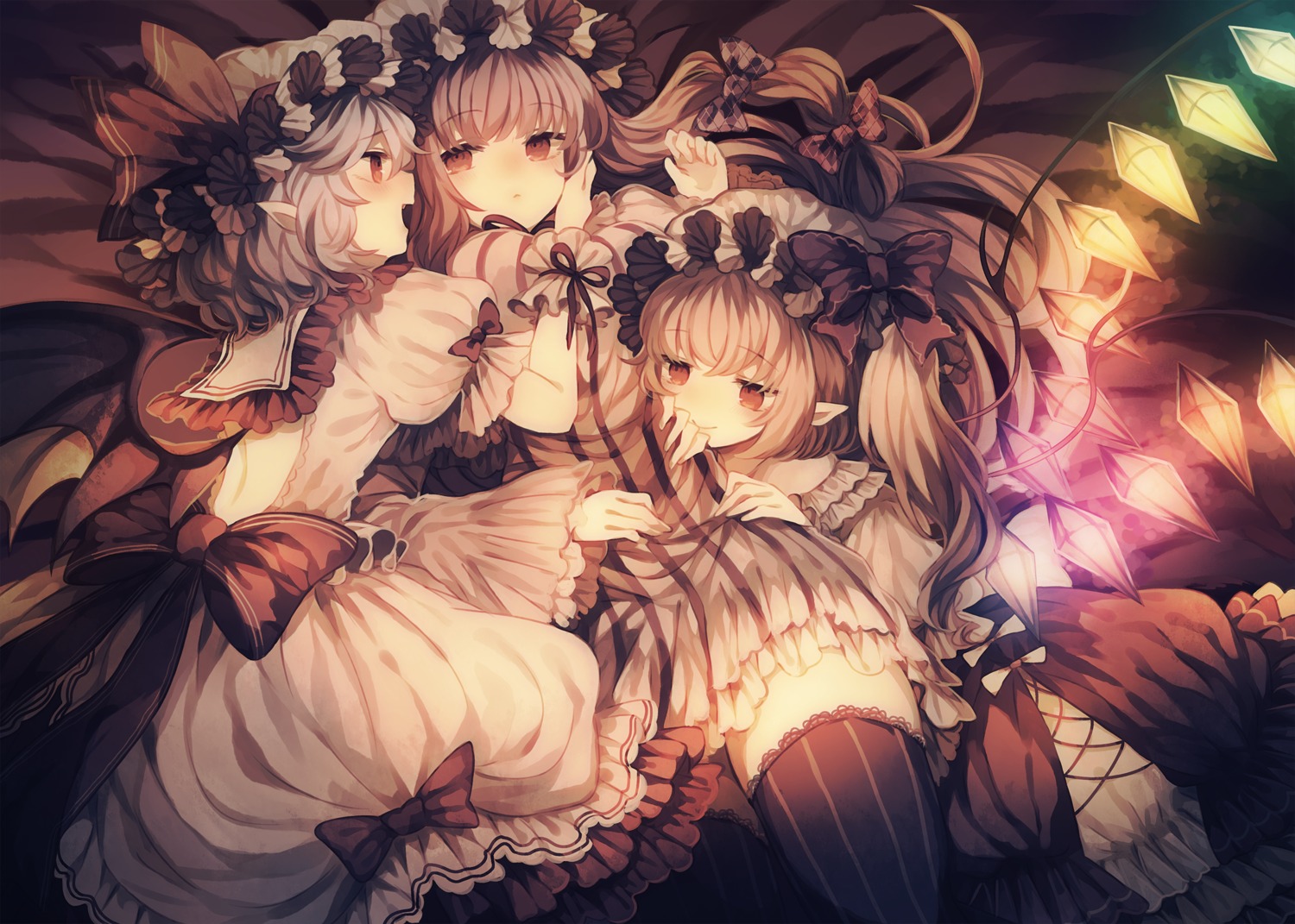 dress flandre_scarlet patchouli_knowledge pointy_ears remilia_scarlet thighhighs touhou wings wiriam07