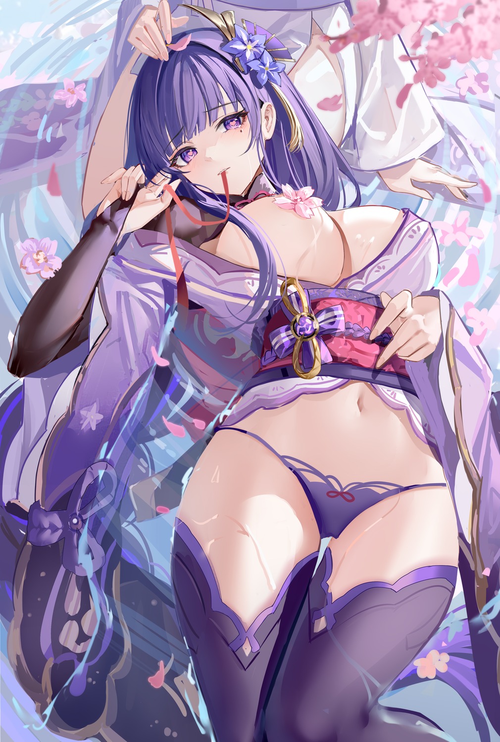 breasts genshin_impact japanese_clothes no_bra open_shirt pantsu pasties raiden_shogun thighhighs wenbugu wet