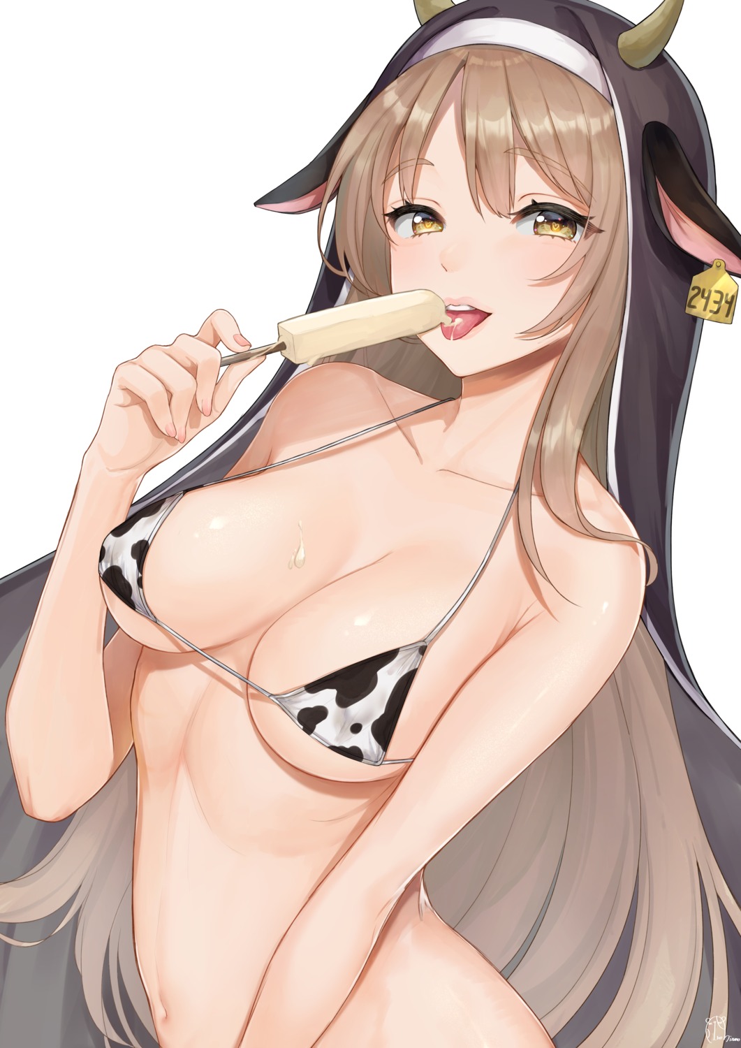 animal_ears bikini_top erect_nipples horns mizuiro_32 nijisanji nijisanji_seeds nun sister_cleaire swimsuits