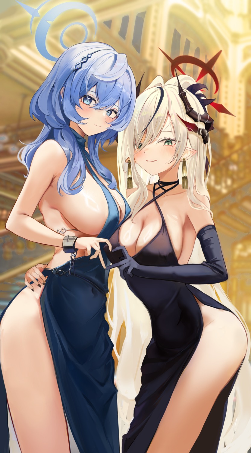 amau_ako blue_archive bunny_kitsune dress halo hanuma_makoto horns no_bra pointy_ears