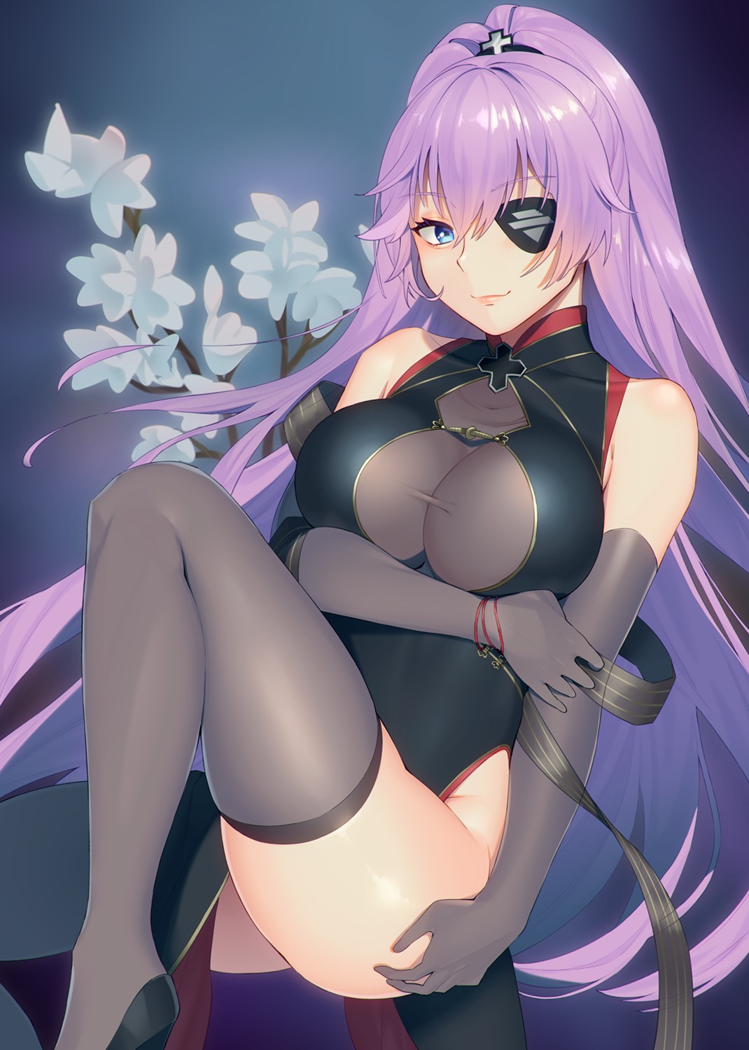 breast_hold chinadress eyepatch mimiko_(fuji_310) no_bra see_through thighhighs