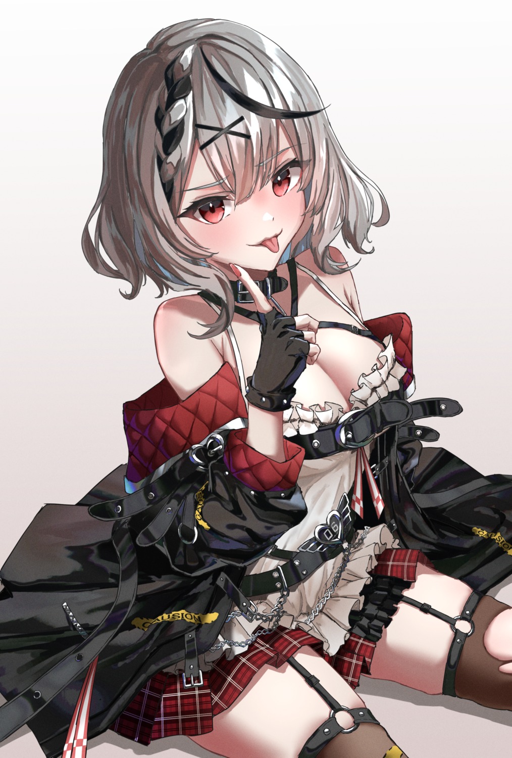 aleth hololive no_bra sakamata_chloe skirt_lift stockings thighhighs torn_clothes