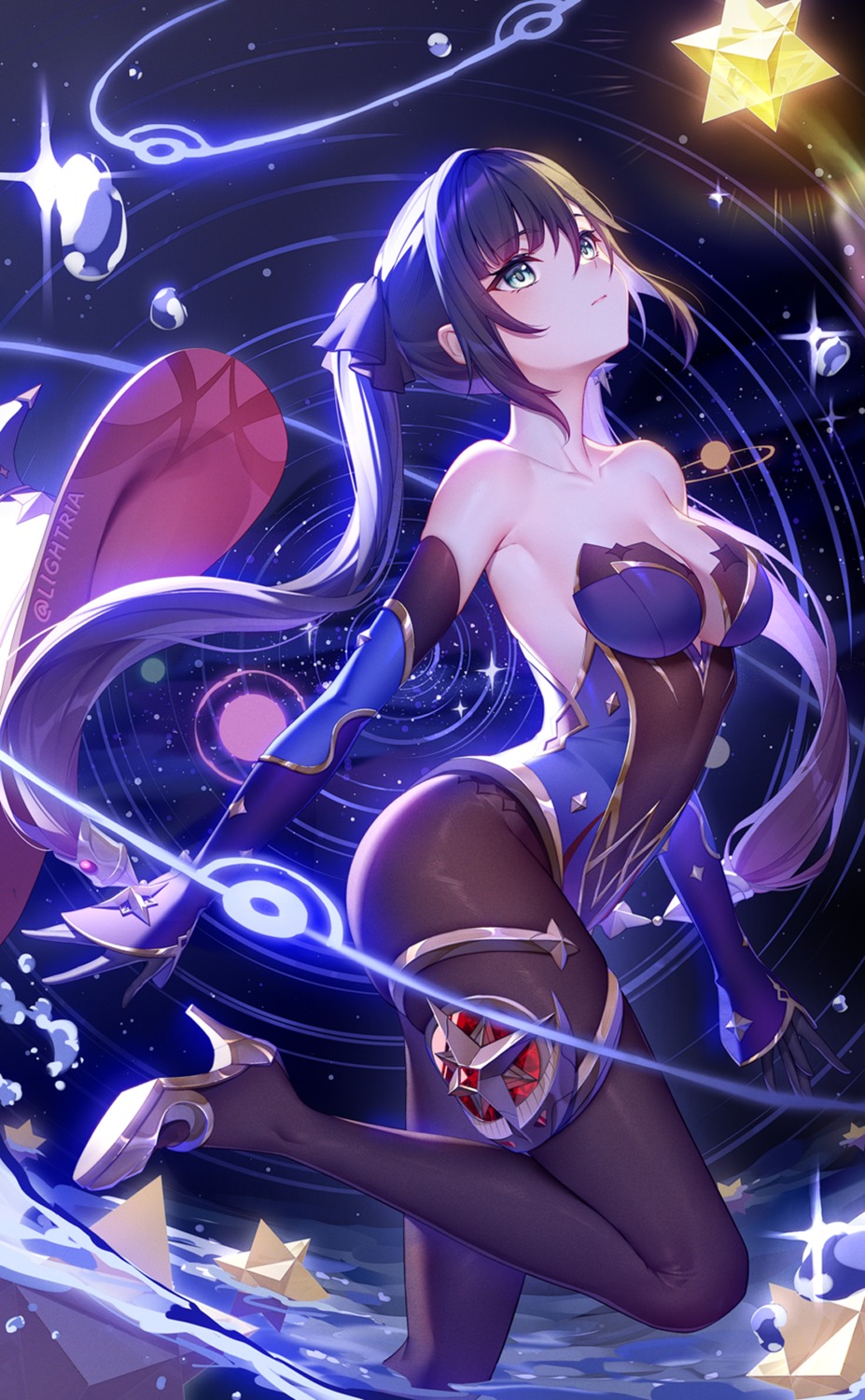 garter genshin_impact heels leotard lightria mona_megistus no_bra pantyhose wet