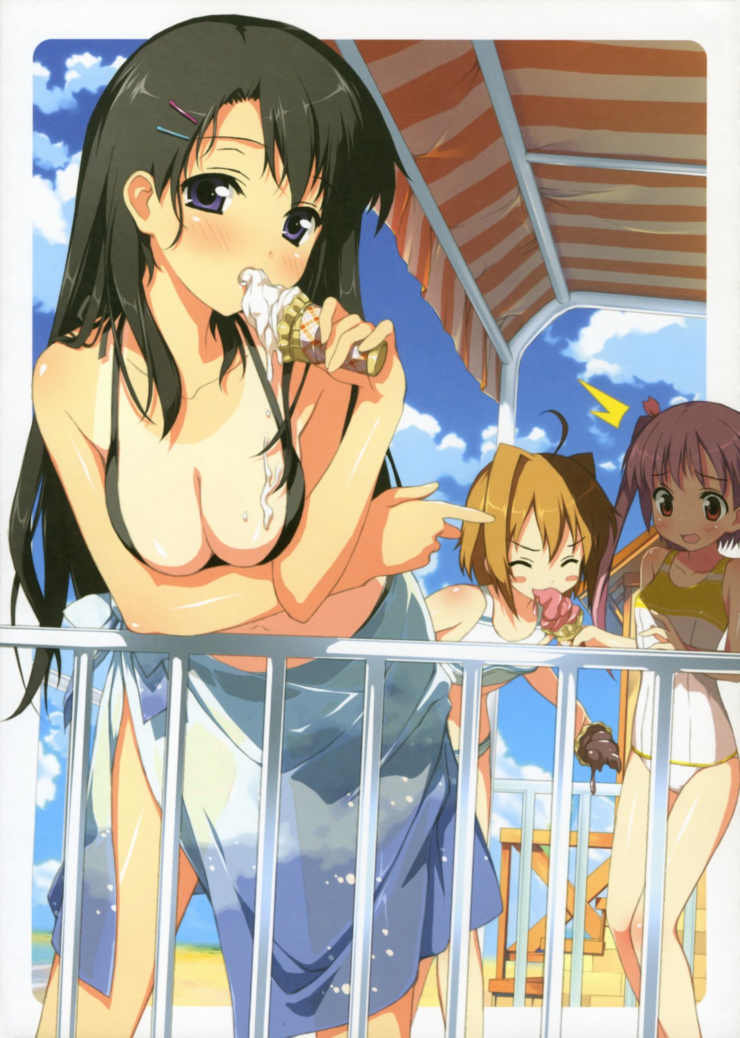 5_nenme_no_houkago bikini breast_hold cleavage cream kantoku miyaguchi_hiromi_(kantoku) miyaguchi_kanna_(kantoku) miyaguchi_kei_(kantoku) see_through swimsuits tan_lines