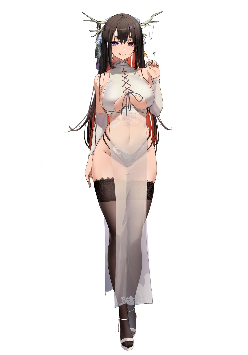 a_fangfangfangfang heels horns no_bra pantsu see_through thighhighs underboob