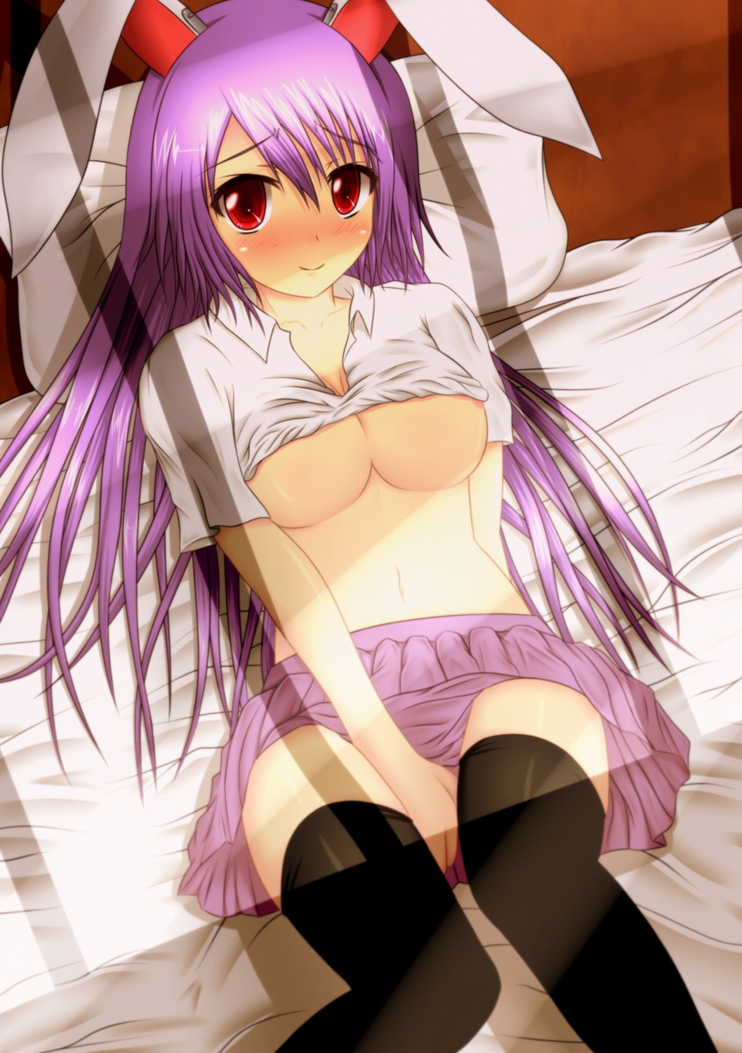 animal_ears bunny_ears no_bra reisen_udongein_inaba shirt_lift thighhighs toranashi touhou underboob