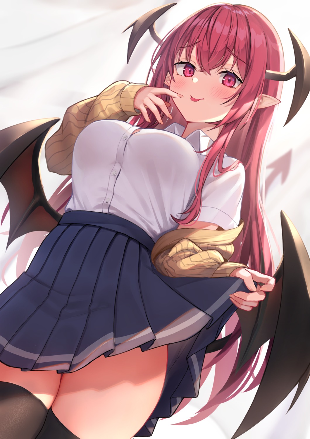 koakuma pointy_ears seifuku skirt_lift sweater tail thighhighs touhou wings wowoguni