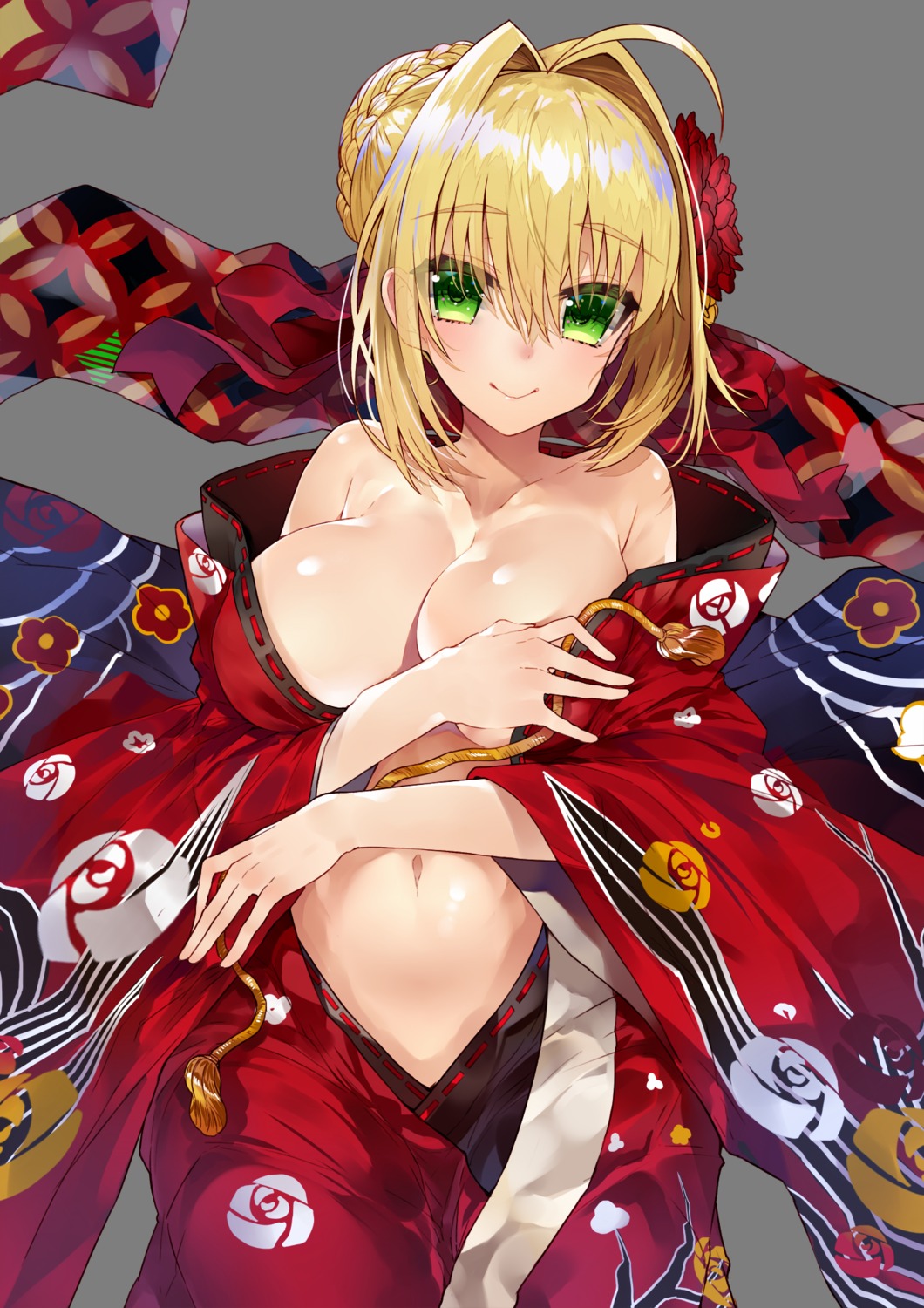 breast_hold fate/extra fate/grand_order fate/stay_night kimono kou_mashiro no_bra open_shirt saber_extra transparent_png