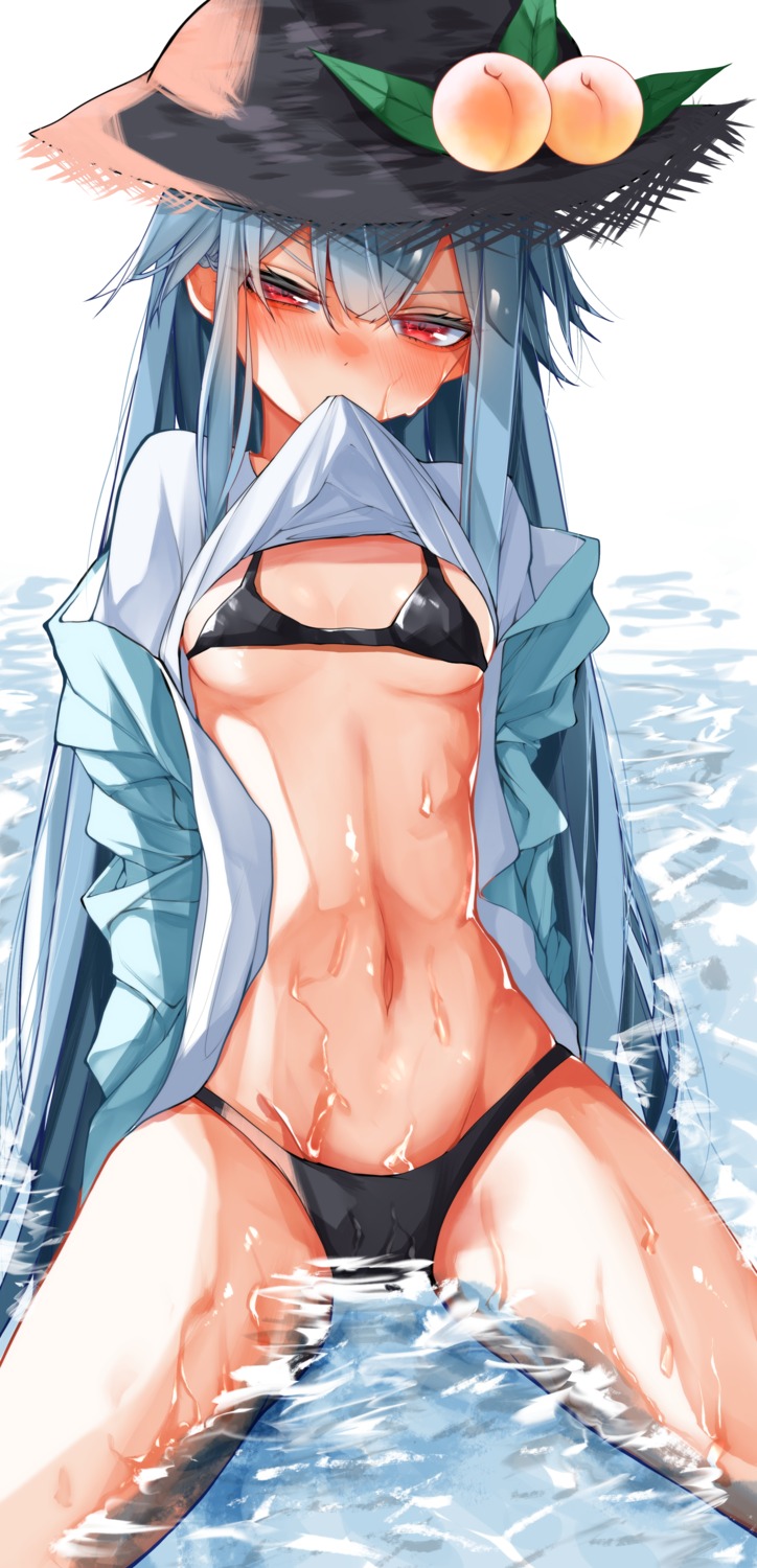 bikini erect_nipples hinanawi_tenshi shirt_lift swimsuits touhou tsune_(tune) wet wet_clothes