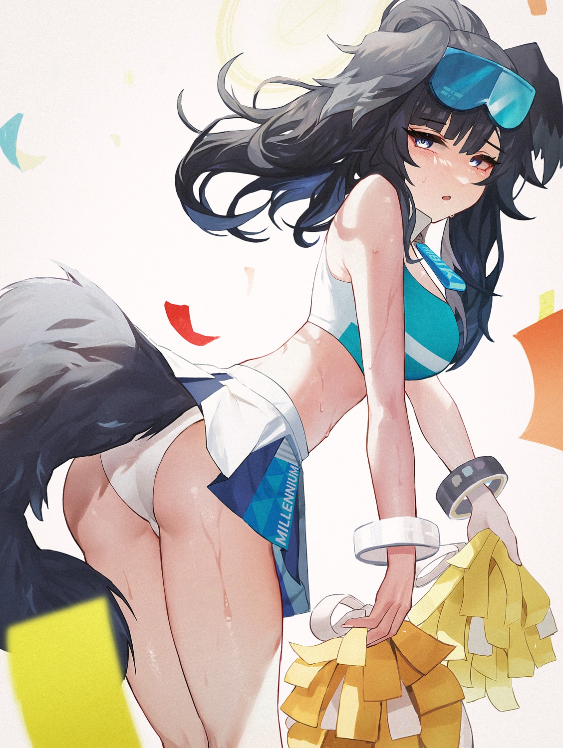 animal_ears ass blue_archive cheerleader halo inumimi josal nekozuka_hibiki pantsu skirt_lift tail thong wet