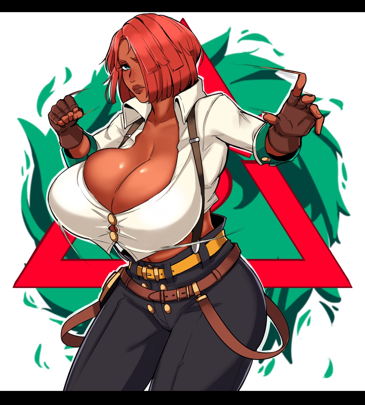 alecto_0 cleavage dress_shirt giovanna_(guilty_gear) guilty_gear guilty_gear_strive no_bra open_shirt