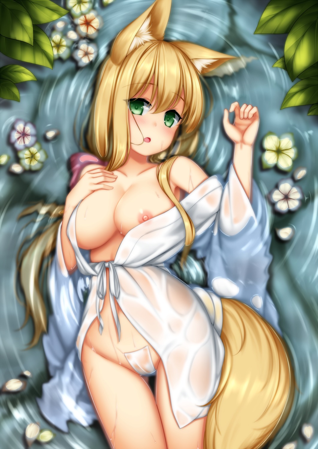 animal_ears breast_hold breasts himeka_chiyako japanese_clothes kitsune maebari nipples no_bra nopan open_shirt playjoe2005 see_through tail wet wet_clothes