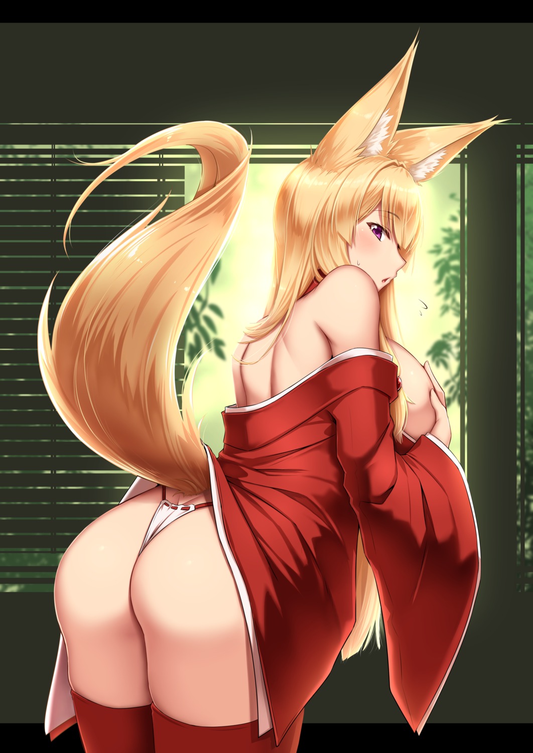 animal_ears ass breast_hold breasts japanese_clothes kitsune no_bra open_shirt pantsu shuugetsu_karasu skirt_lift tail thighhighs thong