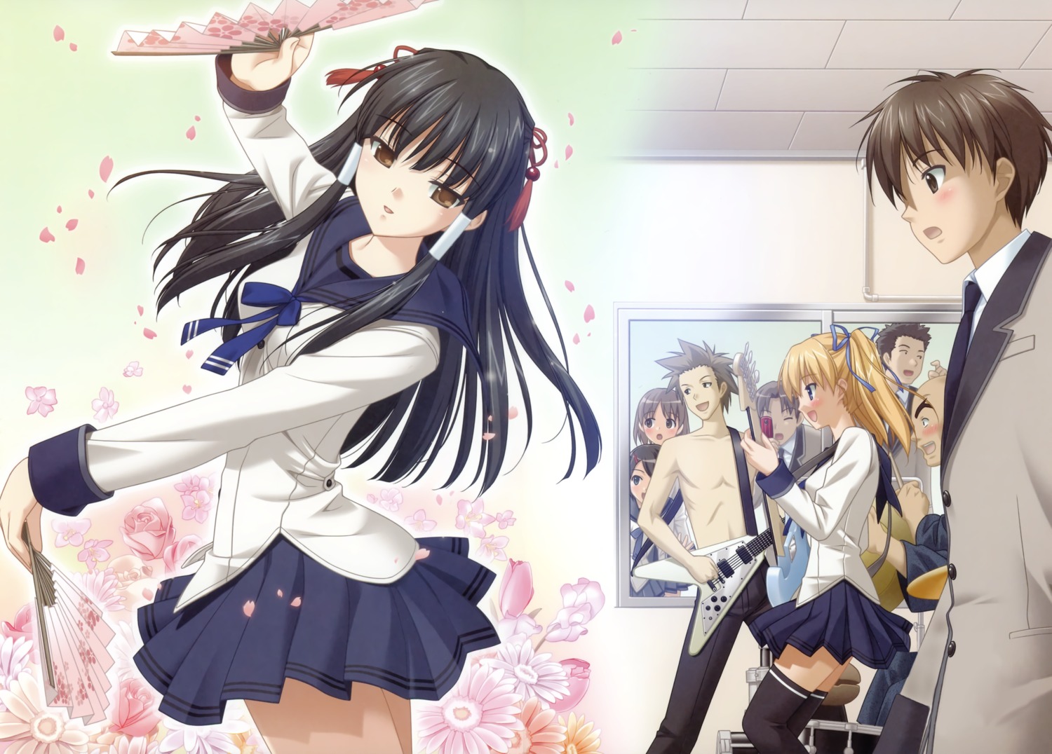 ashiwara_otoya detexted guitar kaji_goutetsu kurusu_manami oouchi_itsuki peco seifuku tamafuri_series thighhighs