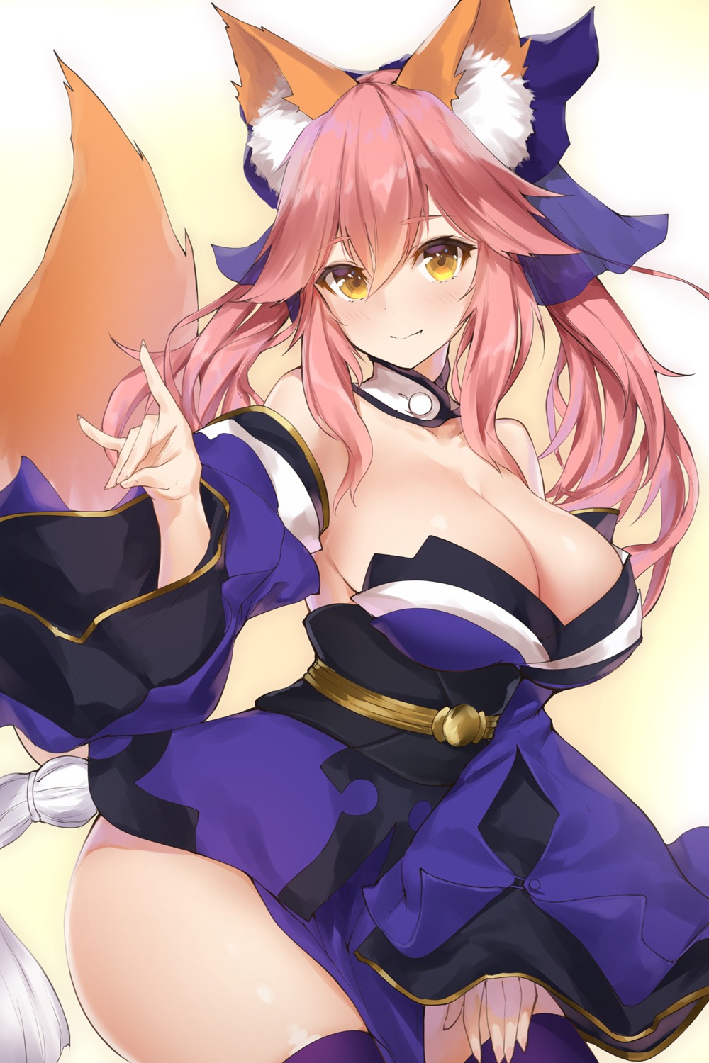 animal_ears cleavage fate/extra fate/grand_order fate/stay_night japanese_clothes kitsune no_bra open_shirt tail tamamo_no_mae thighhighs yaman