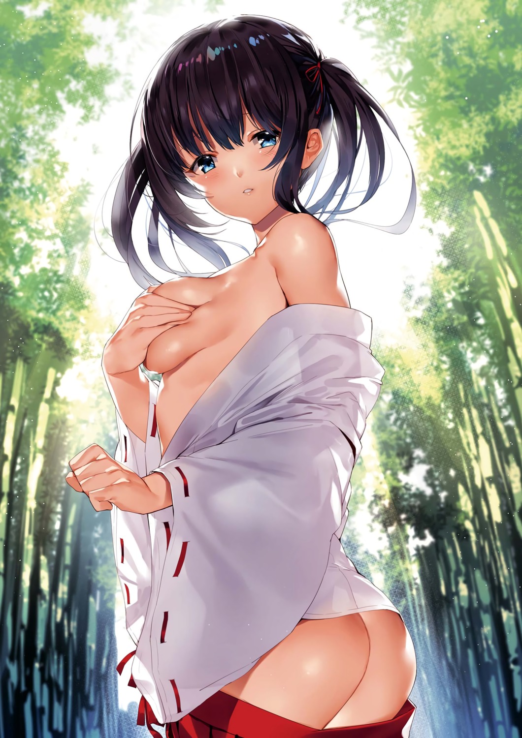 ass breast_hold breasts miko no_bra nopan open_shirt orihi_chihiro