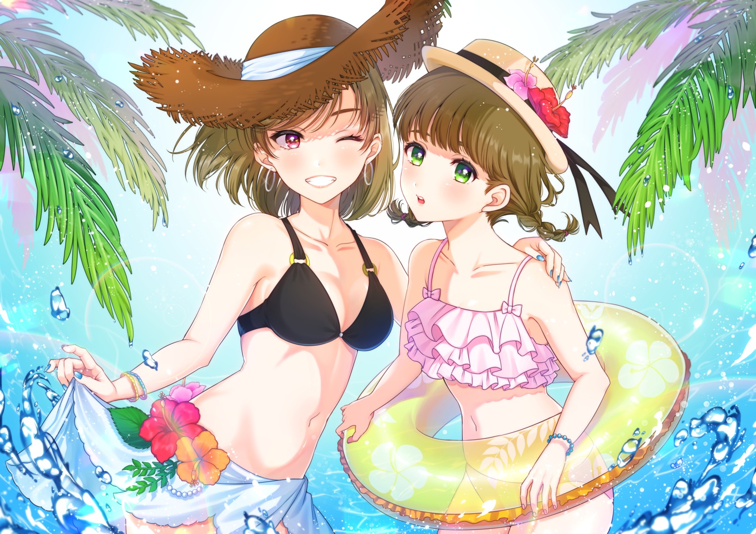 bikini cleavage mamiya_(artist) skirt_lift swimsuits wet