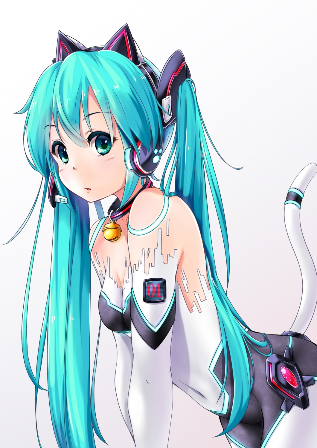 animal_ears bodysuit cleavage hatsune_miku headphones miu_(angelo_whitechoc) nekomimi tail vocaloid