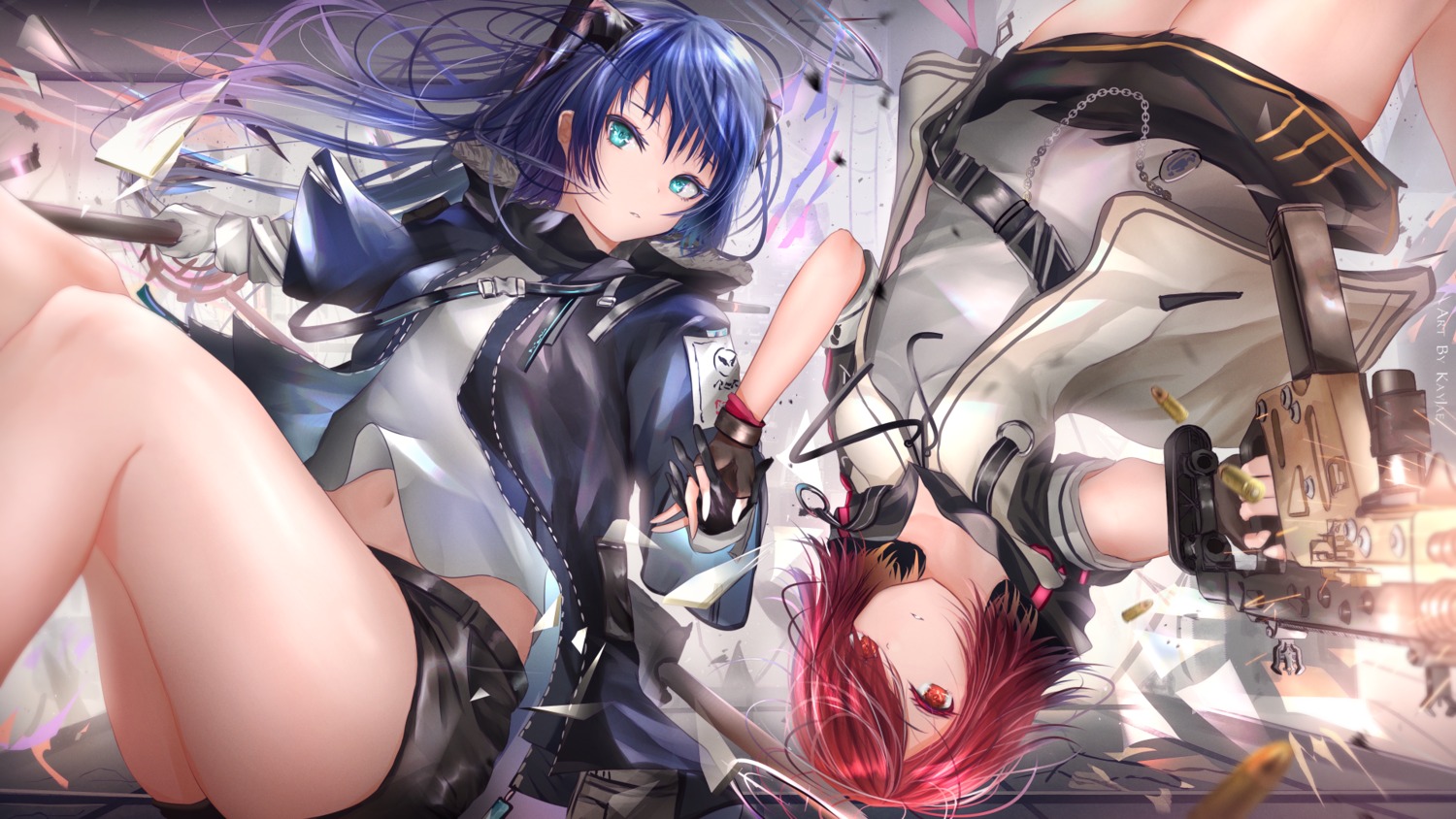 angel arknights exusiai_(arknights) gun horns kayjae mostima_(arknights) wallpaper wings