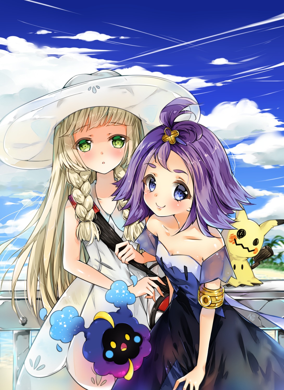 acerola_(pokemon) breasts cosmog dress lillie_(pokemon) mimikyu nia_(leafunia) pokemon pokemon_sm pokemon_usum see_through