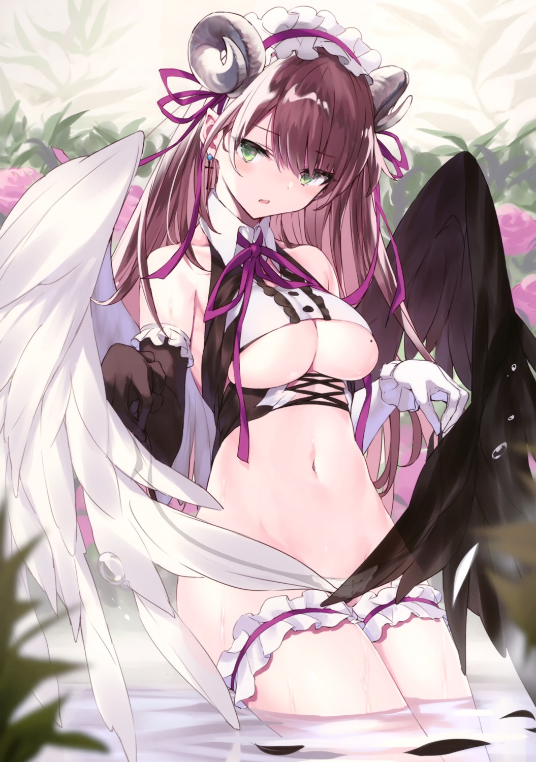 garter horns luna_berry maid nana_(luna_berry) no_bra pantsu panty_pull string_panties underboob undressing wet wings