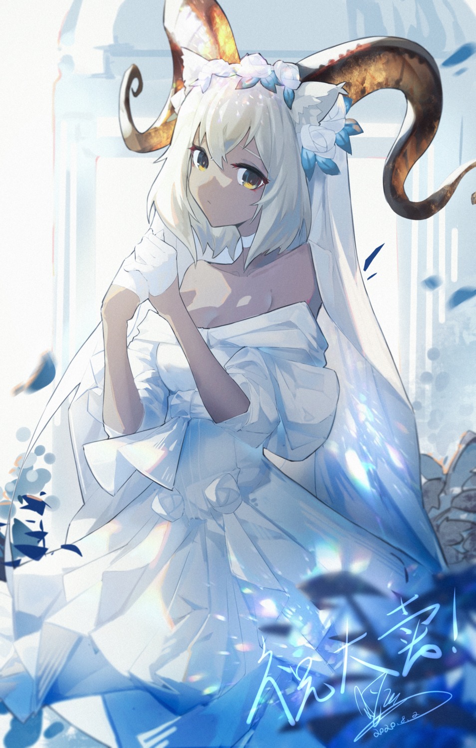 arknights beeswax_(arknights) cleavage dress horns qtian wedding_dress