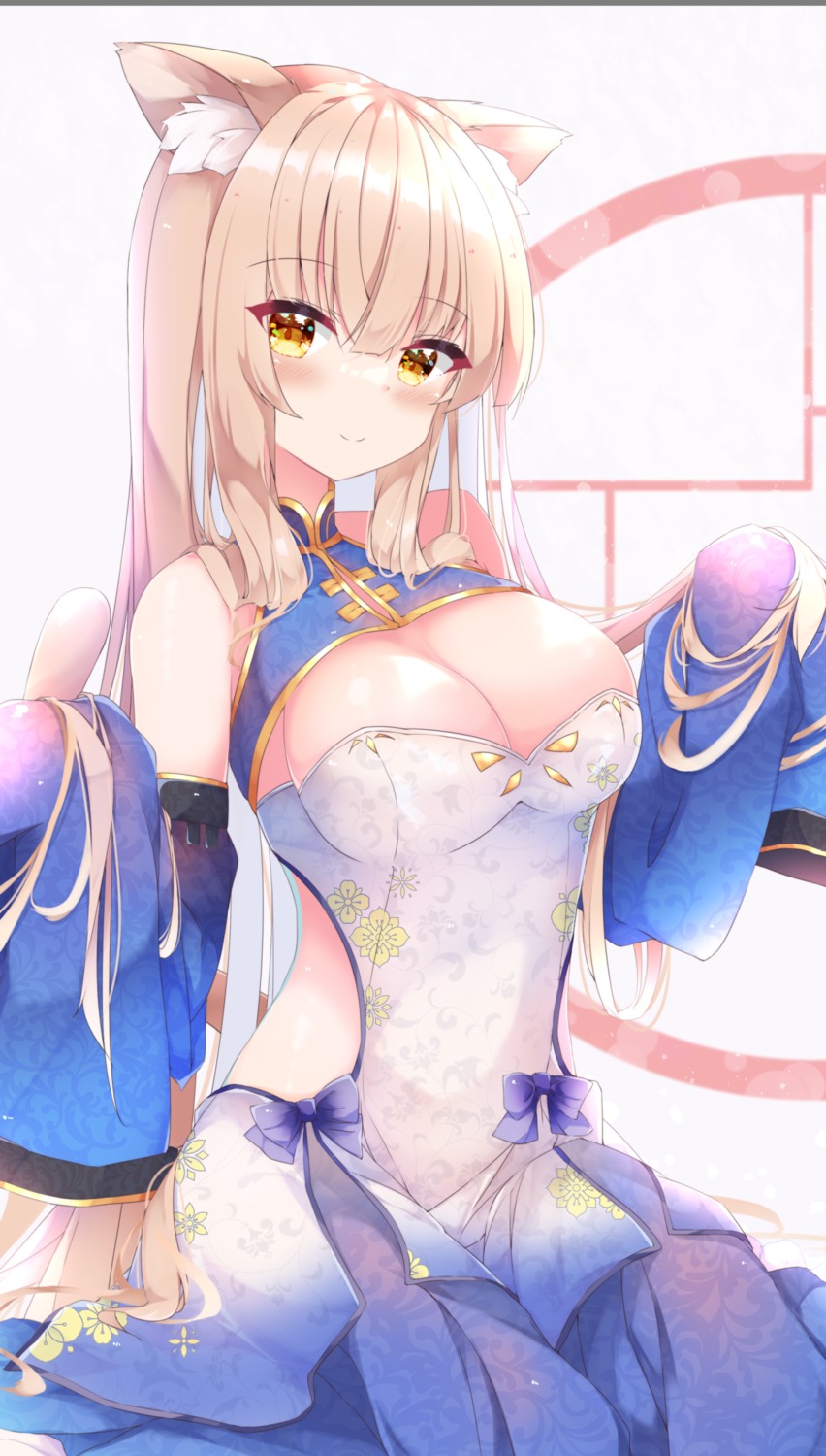 animal_ears asian_clothes fuuna nekomimi no_bra nopan see_through tail