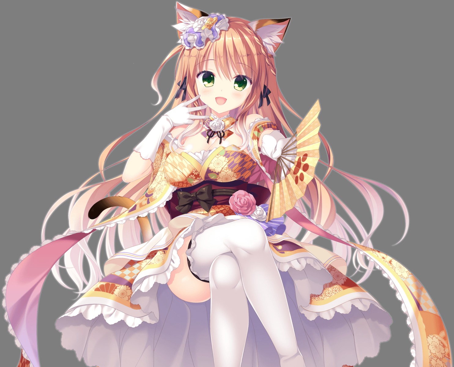 animal_ears cleavage japanese_clothes neko-nin_exheart neko-nin_exheart_3 nekomimi saiga_himari tail takano_yuki thighhighs transparent_png whirlpool