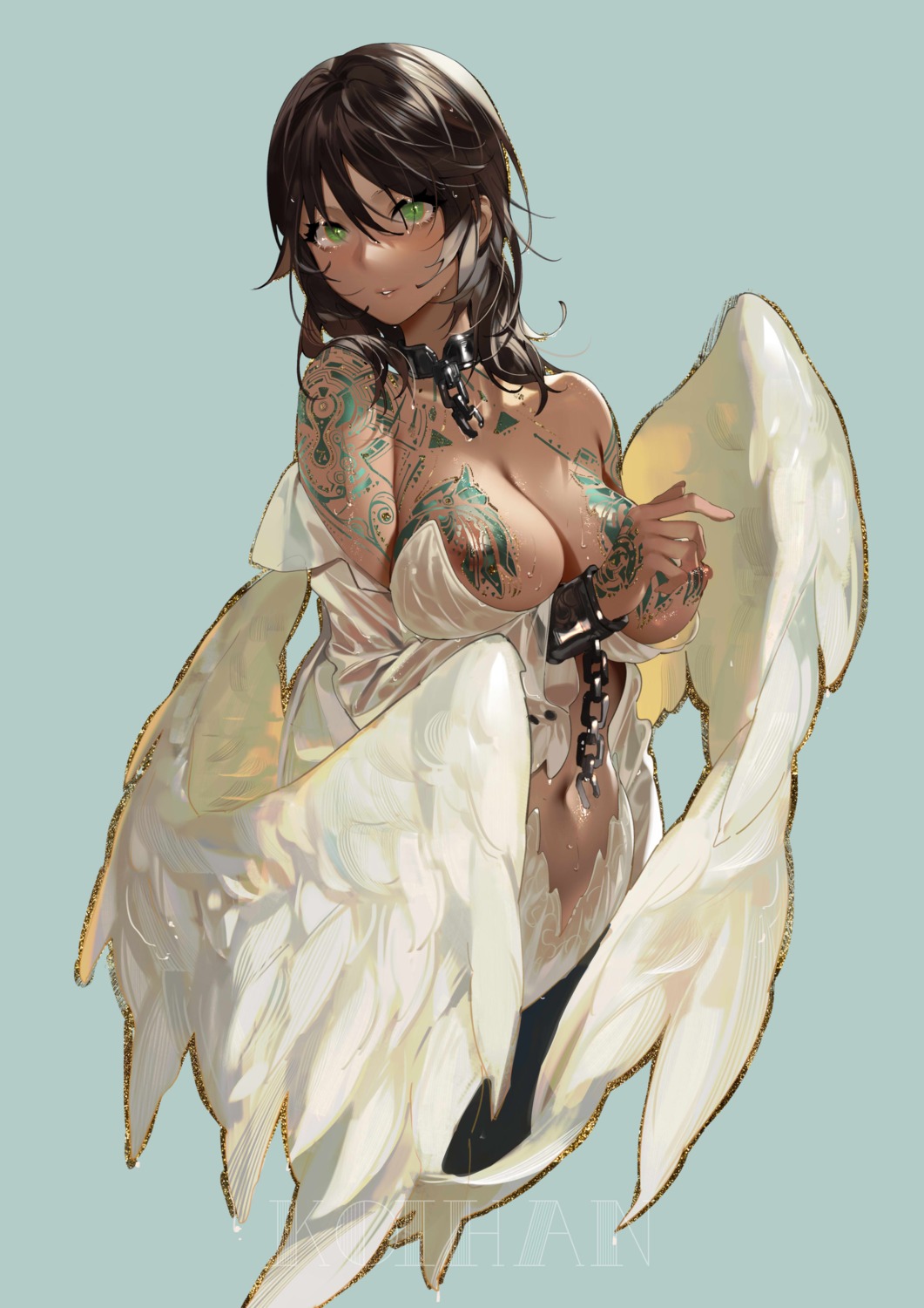 breasts jpeg_artifacts koi_han nipples no_bra see_through tattoo wet_clothes wings