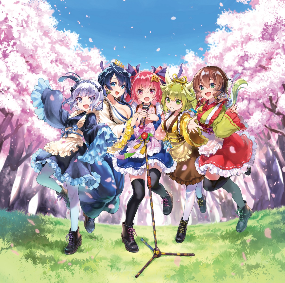 disc_cover fukube goou_yoshimitsu jouizumi_masamune kogarasumaru kuwana_gou lolita_fashion nanaka_(tenka_hyakken) no_bra open_shirt pointy_ears skirt_lift tenka_hyakken thighhighs wa_lolita