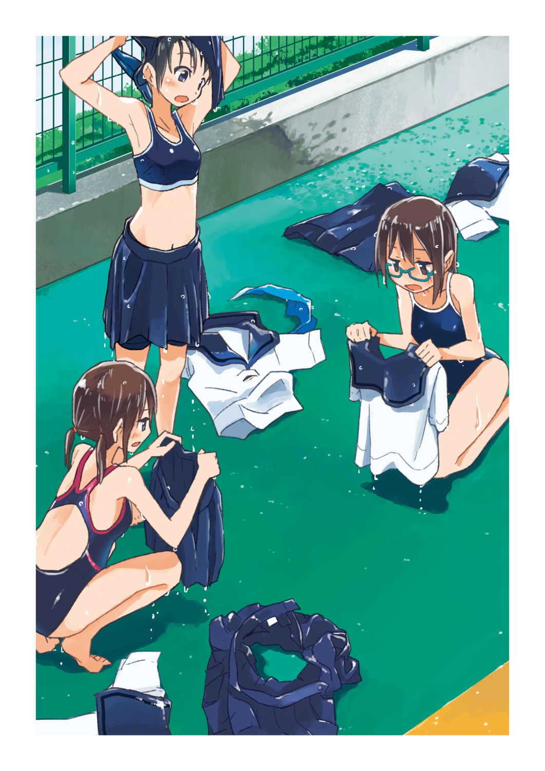 bike_shorts bra kusakabe megane school_swimsuit seifuku swimsuits undressing wet wet_clothes