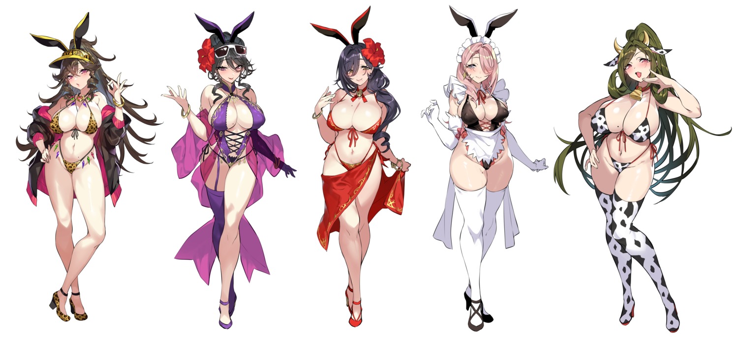 animal_ears bikini bunny_ears erect_nipples heels horns maid megane open_shirt senri_gan stockings swimsuits thighhighs