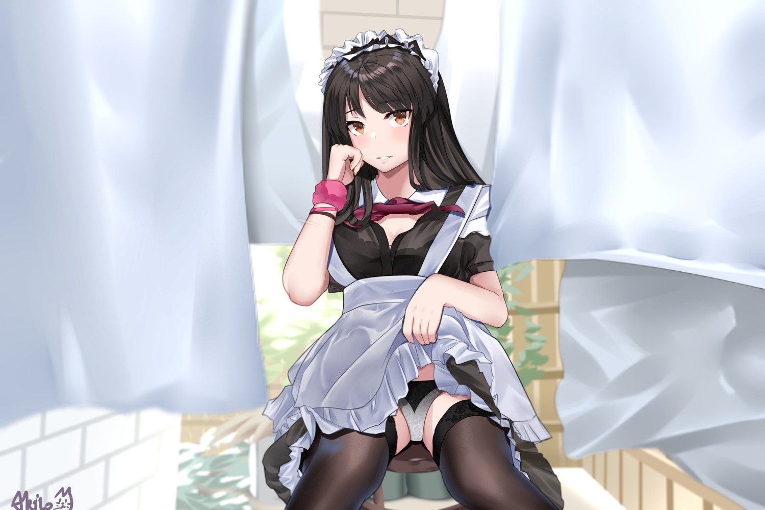 aki_(1360505188) cleavage maid pantsu skirt_lift thighhighs
