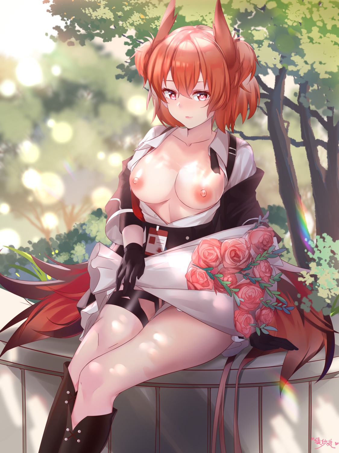 animal_ears arknights breasts fiammetta_(arknights) garter lingshalan nipples no_bra open_shirt tail