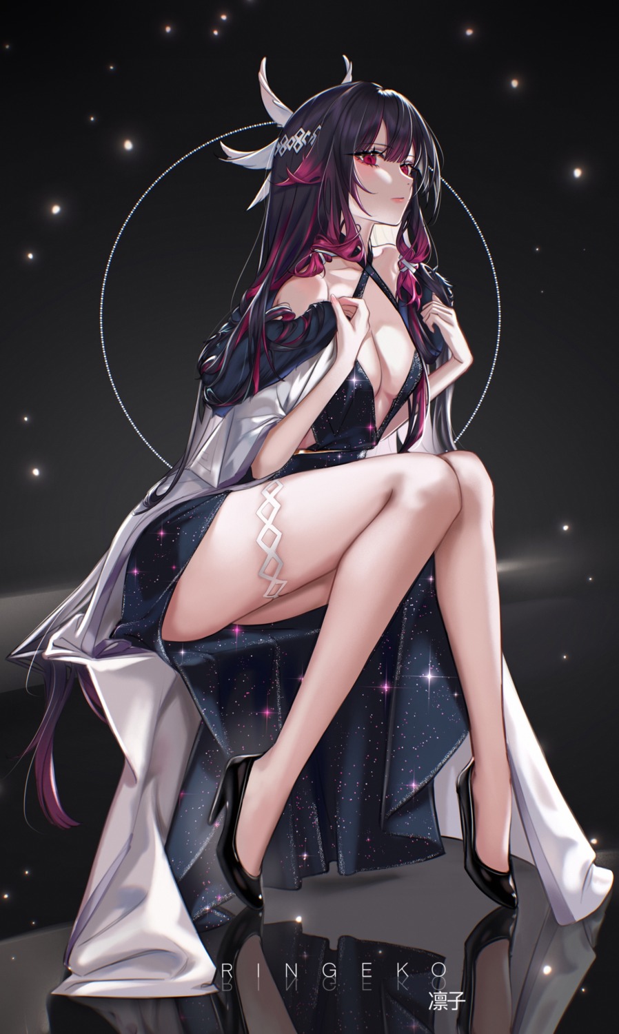 columbina dress garter genshin_impact heels no_bra ringeko-chan undressing