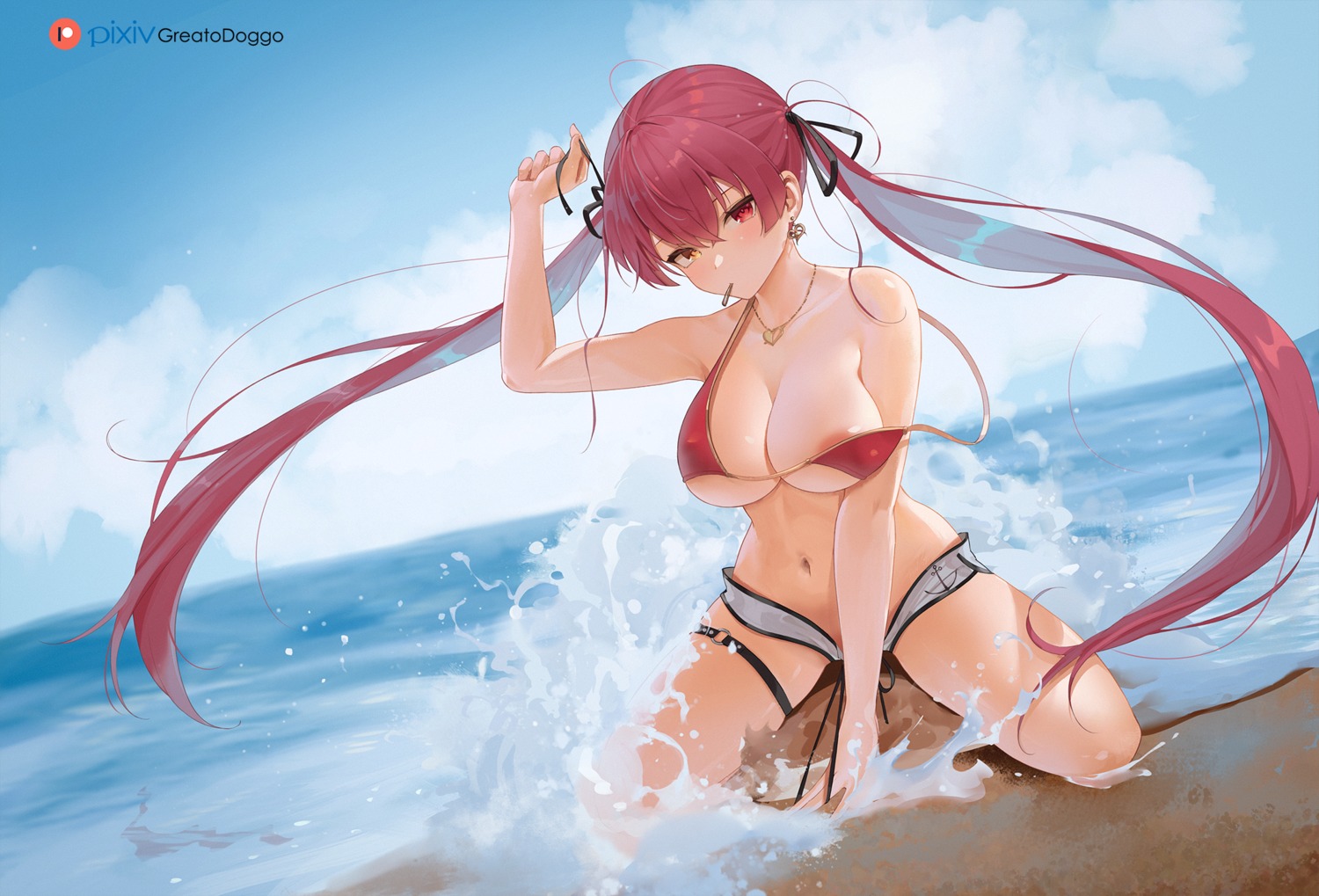 areola bikini_top garter greatodoggo heterochromia hololive houshou_marine swimsuits wet