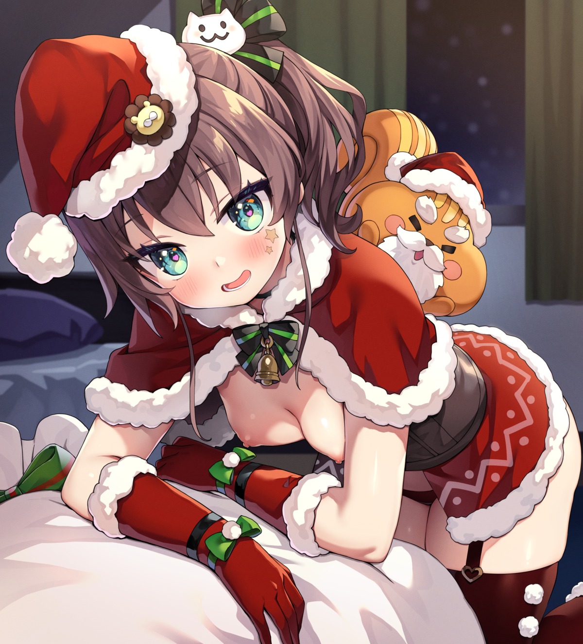 ayaoshiro breasts christmas hololive natsuiro_matsuri nipples no_bra pantsu stockings thighhighs