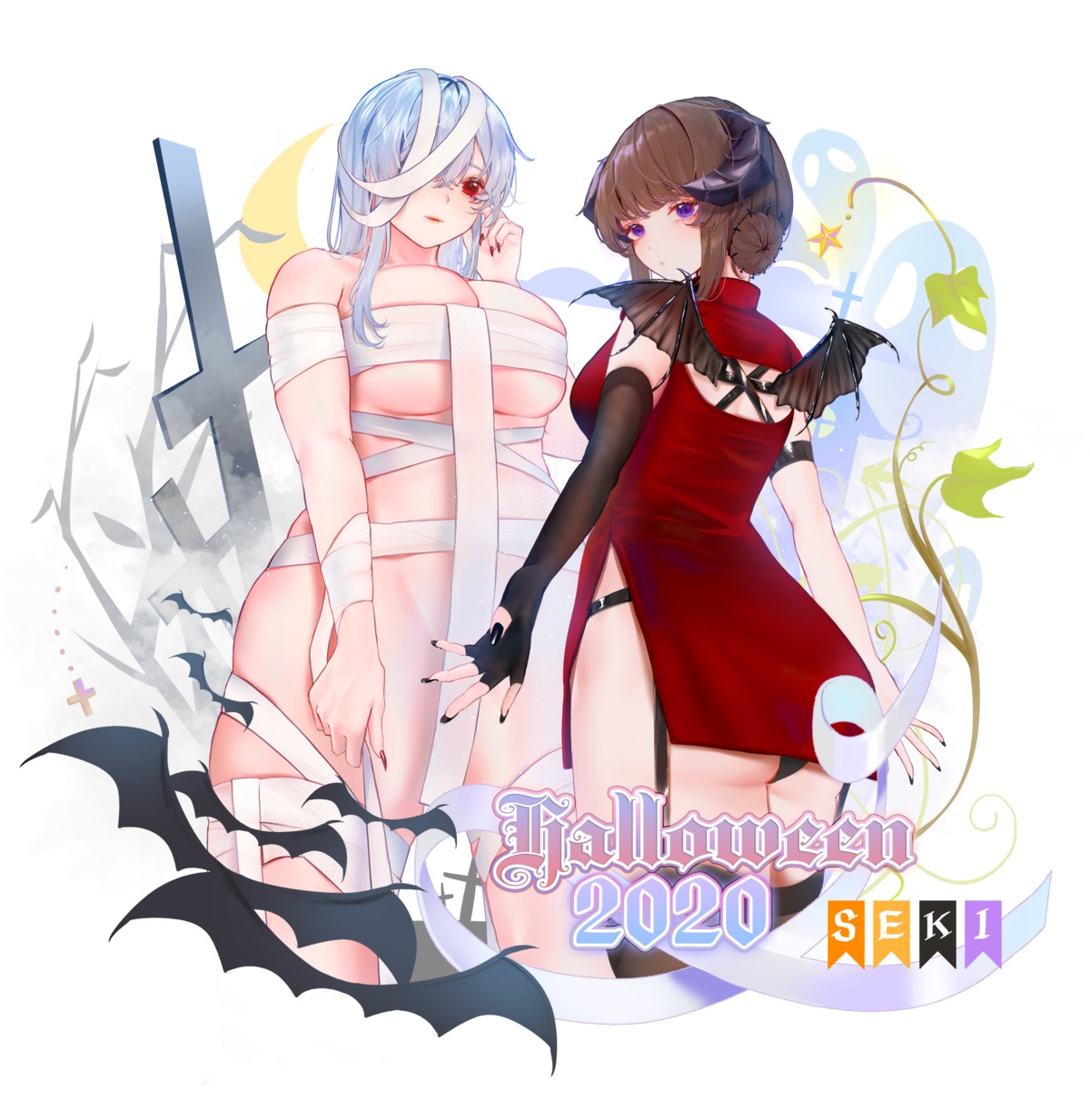 almn_sk ass bandages dress halloween horns naked_ribbon pantsu stockings thighhighs thong wings