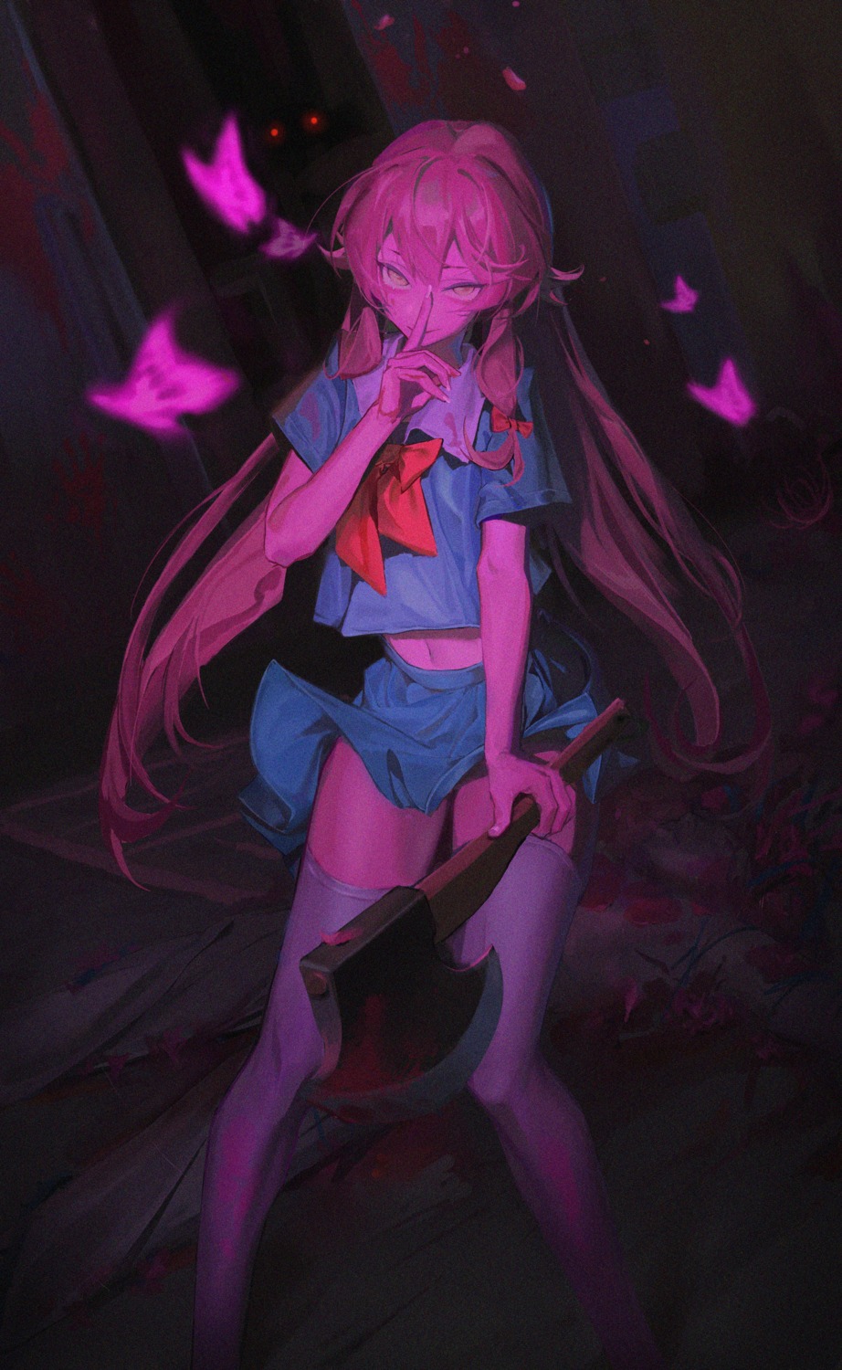 gasai_yuno mirai_nikki seifuku skirt_lift thighhighs weapon zqxsh666