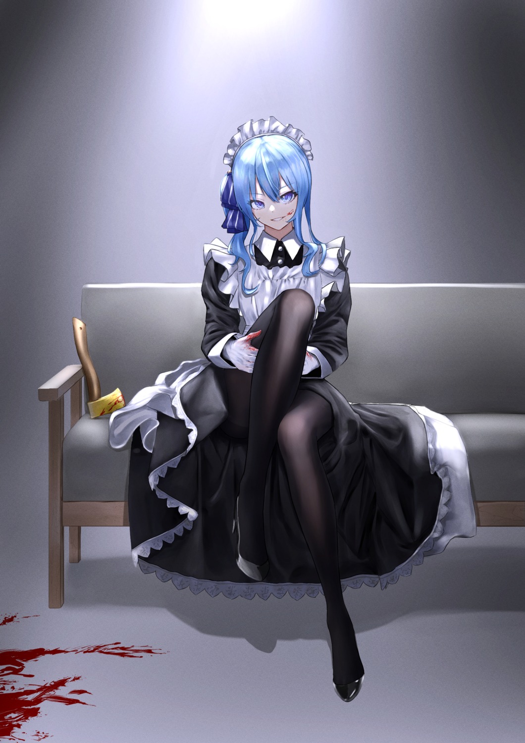 blood heels hololive hoshimachi_suisei maid pantyhose skirt_lift toi1et_paper weapon