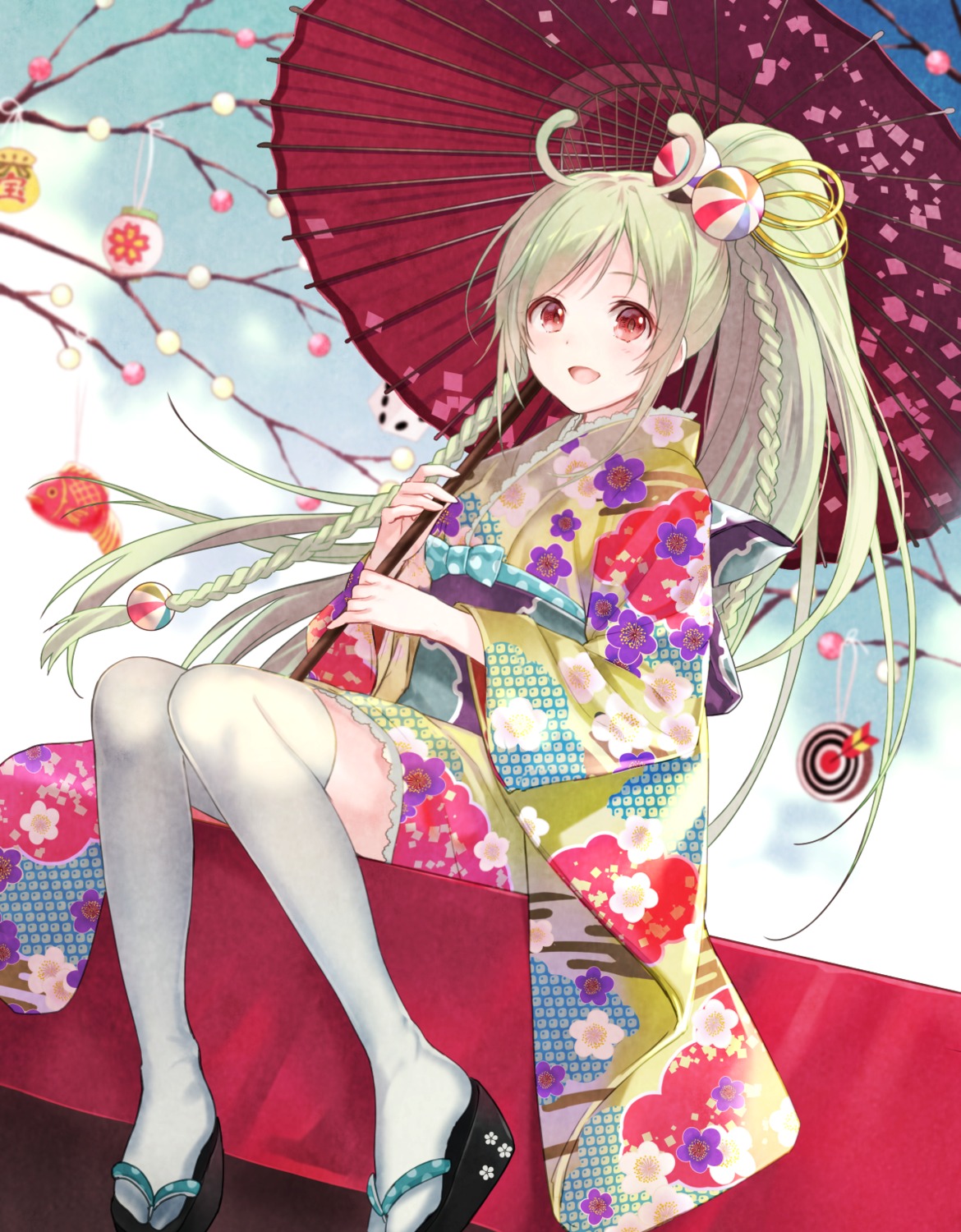 fukahire_sanba kimono thighhighs umbrella