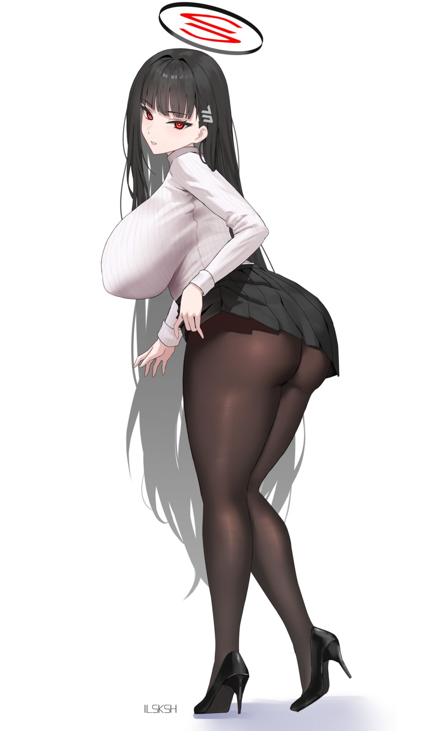 ass blue_archive halo heels ilsksh pantyhose skirt_lift sweater tsukatsuki_rio